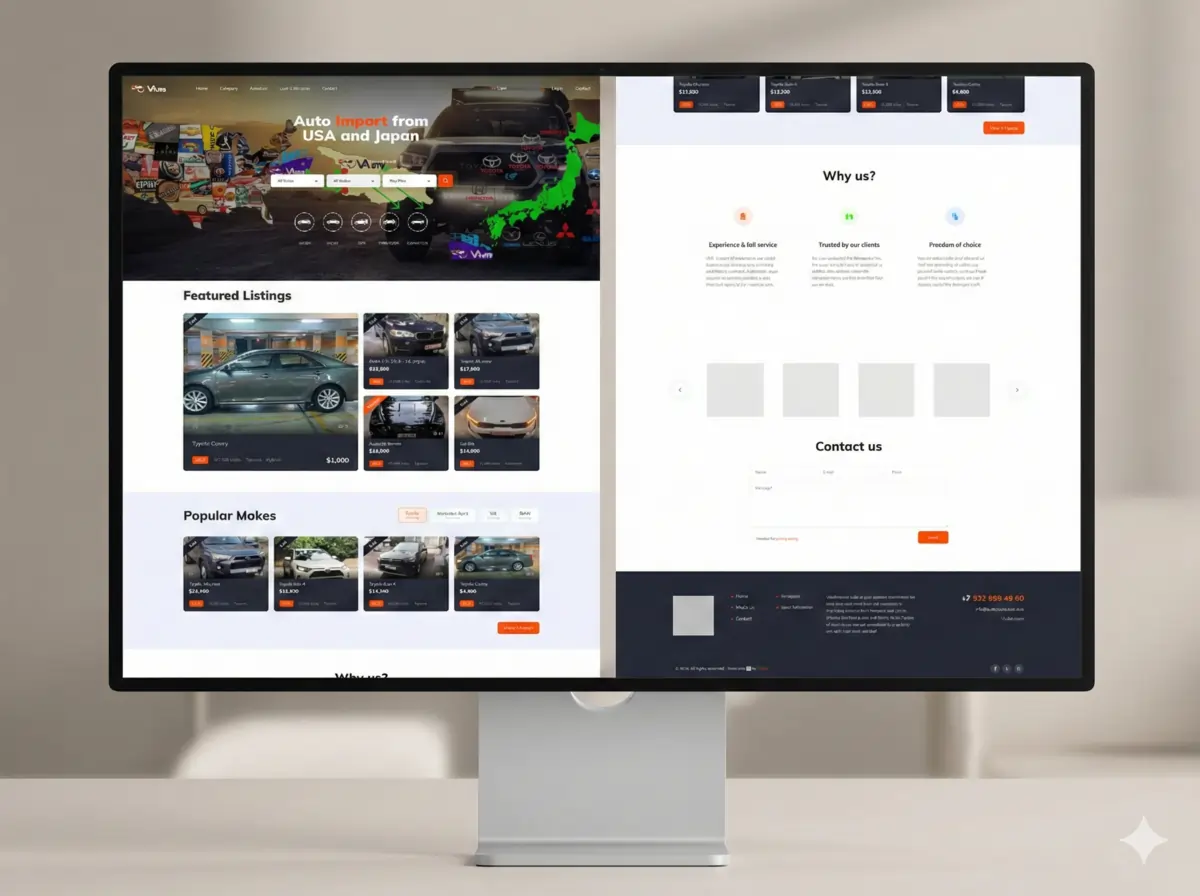 ავტო იმპორტის ვებგვერდის დიზაინი დესკტოპ მონიტორზე.