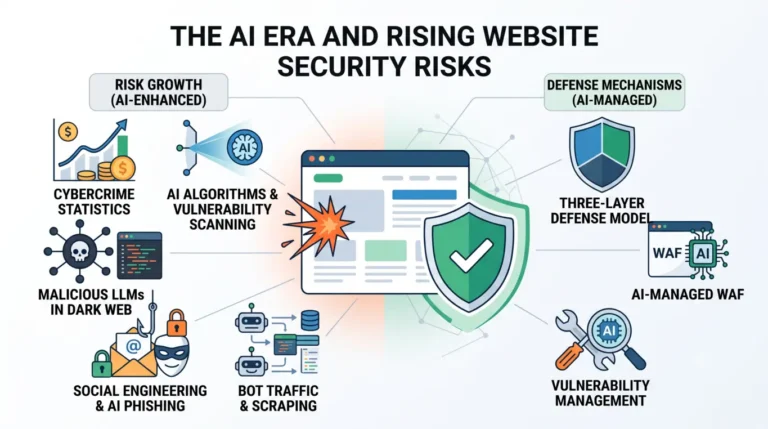 Website security in the AI era, featuring cybersecurity statistics and professional defense mechanisms